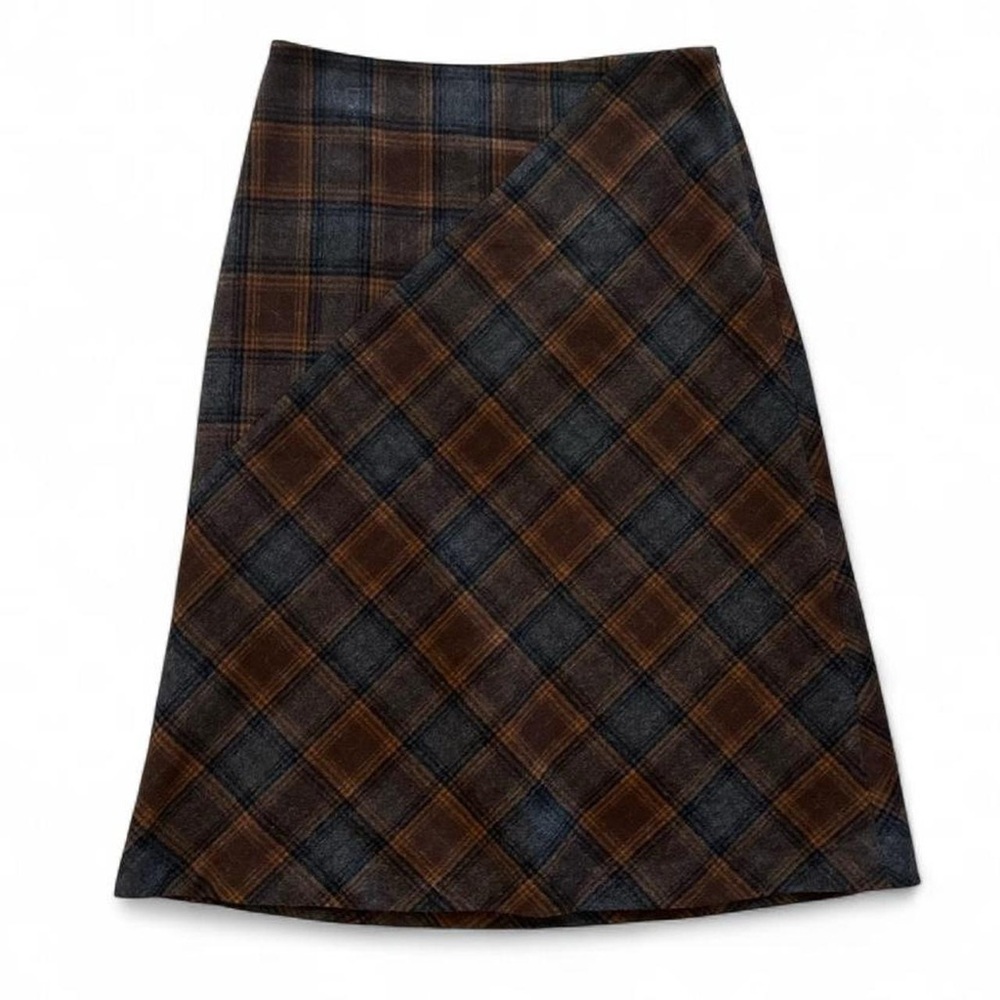 90s Vintage Willi Smith Wool Belnd Brown Black Gray Plaid Midi Skirt